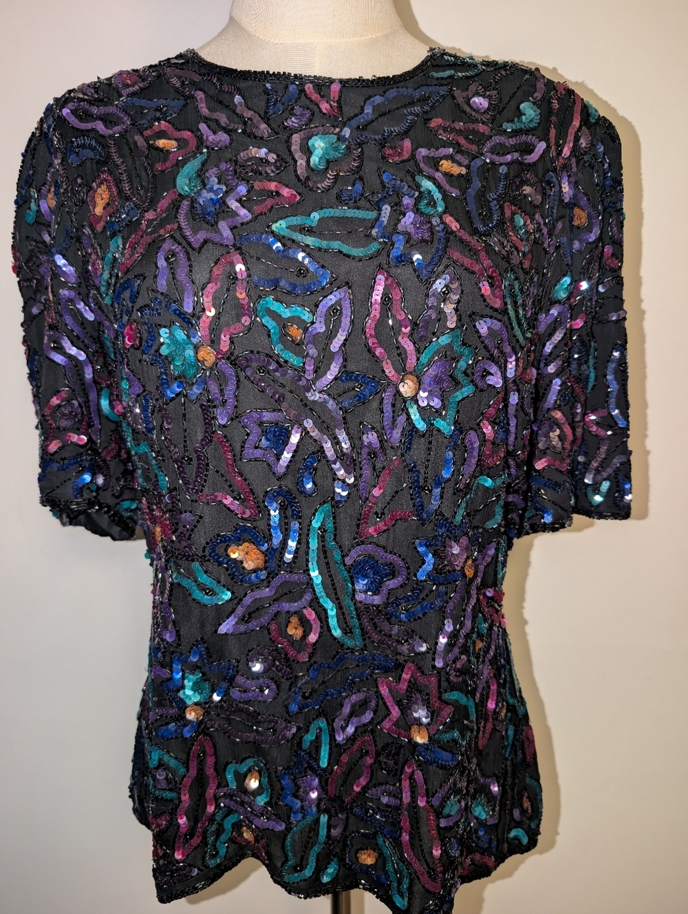 Scala Black Beaded Sequin Floral Blouse with Teal Purple Accents